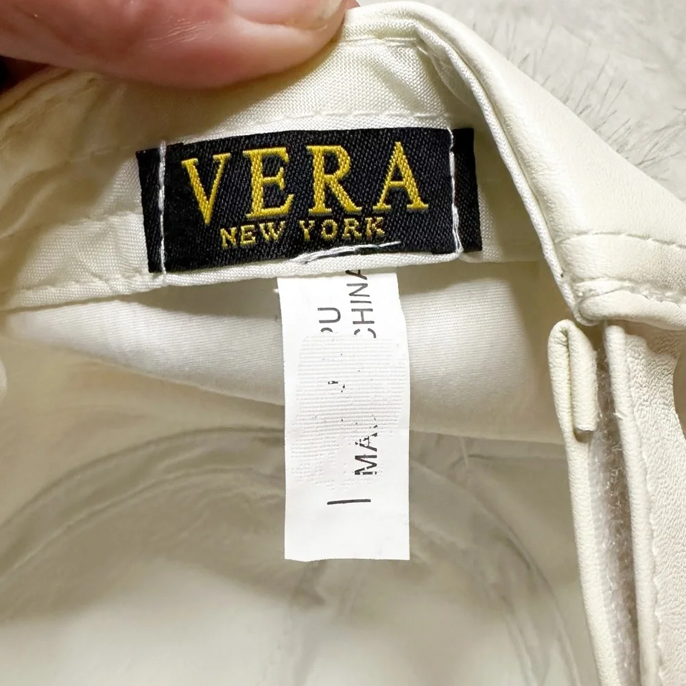 Vera NY Faux Leather Pom Adjustable Cap Hat Off-White Women’s OS